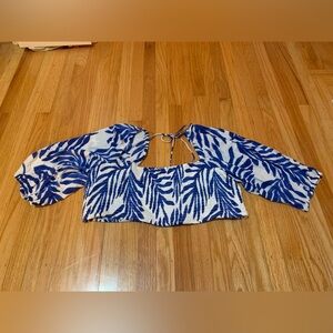 H&M Flowy off-the-shoulder crop top. White and blue leaf print with long sleeves